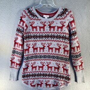 Shrinking Violet Sweater Women's Medium Red Gray Christmas Reindeer Wool Blend